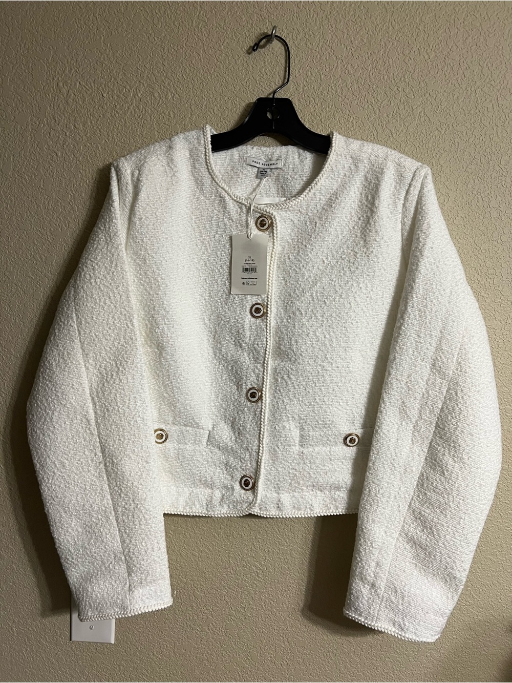 Women's White Bouclé Round-Neck Jacket with Gold-Tone Buttons